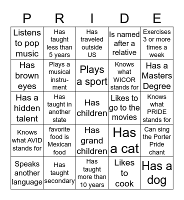 PORTER PRIDE BINGO Card