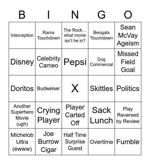 Super Bowl Bingo Card