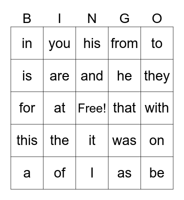 Sight Words Bingo Card