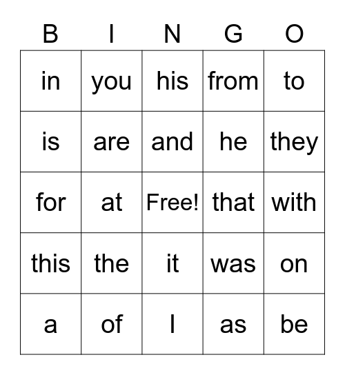 Sight Words Bingo Card