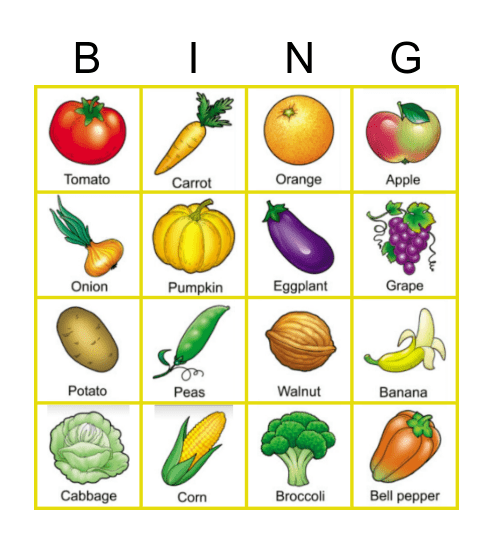 Fruits and Vegetables Bingo Card