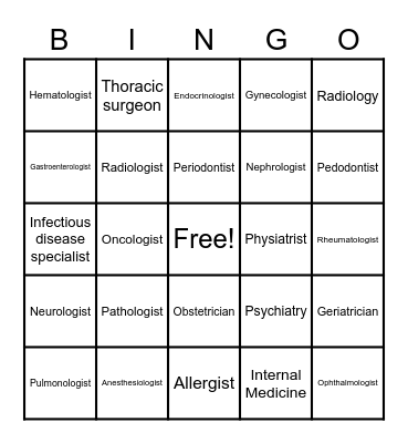 Medical Specialists Bingo Card