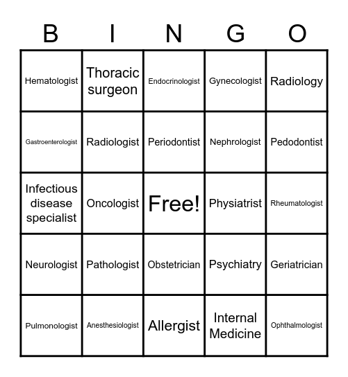 Medical Specialists Bingo Card