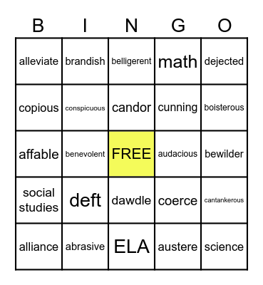 Set 2 Vocabulary Bingo Card