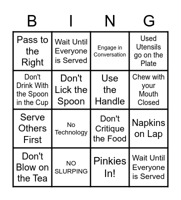 TEA ETIQUETTE Bingo Card