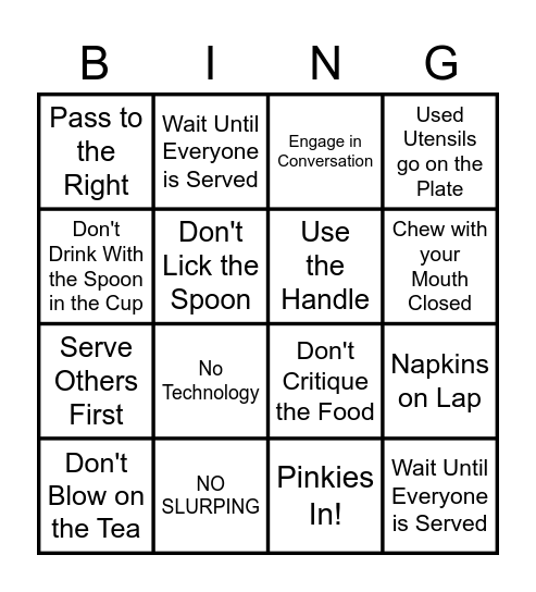 TEA ETIQUETTE Bingo Card