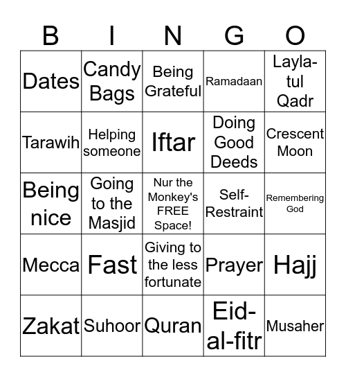 Nur Center's Ramadaan Bingo Card