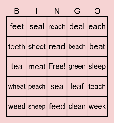 Long Vowel "E" Bingo Card