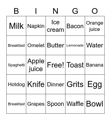 ASL Food Signs Bingo Card