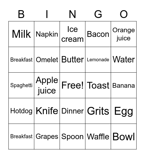 ASL Food Signs Bingo Card