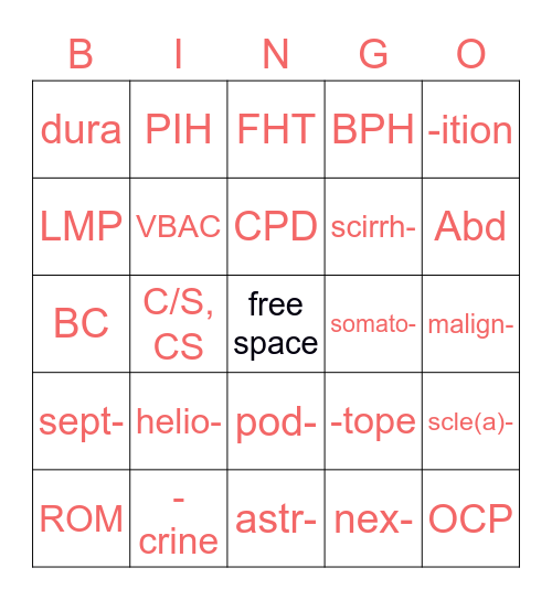 Lesson 7 and Reproductive Abbreviations Bingo Card