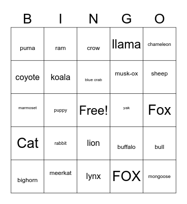 Animal Bingo Card