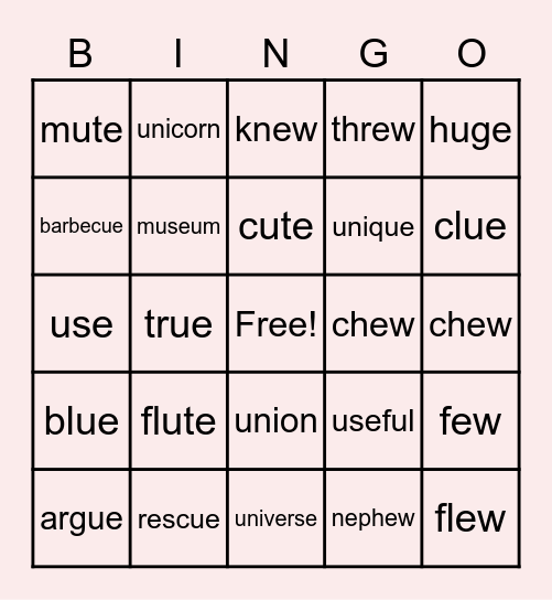 Long Vowel "U" Bingo Card