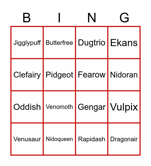 Pokémon Bingo Card