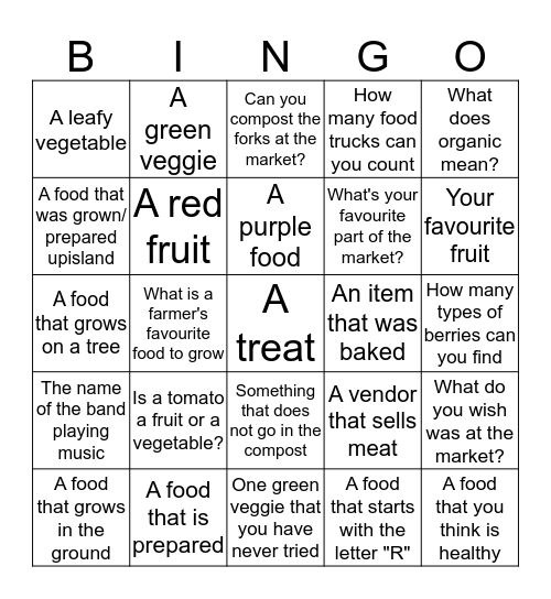 Oaklands Sunset Markets Bingo Card