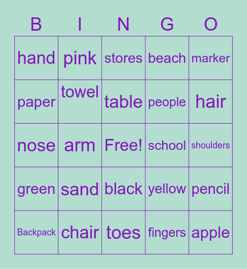 English learning Bingo Card