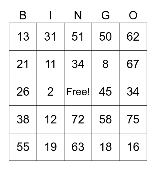 Number Bing 1-75 Bingo Card