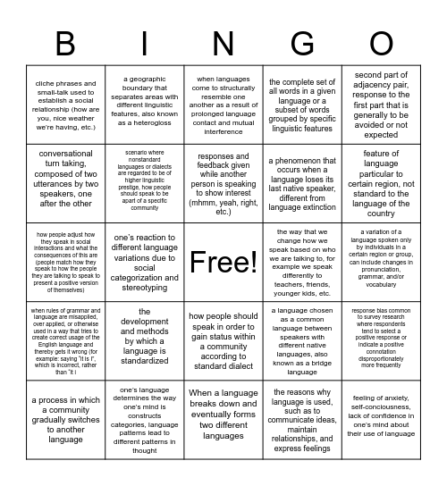 Sociolinguistics Terms Bingo Card