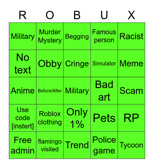 Roblox ads bingo Card