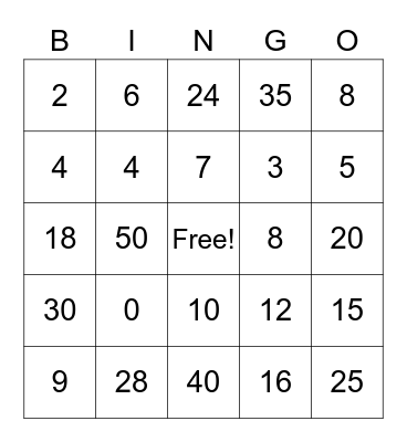 "Multiplication 0-5" Bingo Card