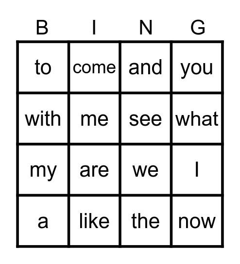 High Frequency Words Bingo Card