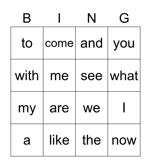 High Frequency Words Bingo Card