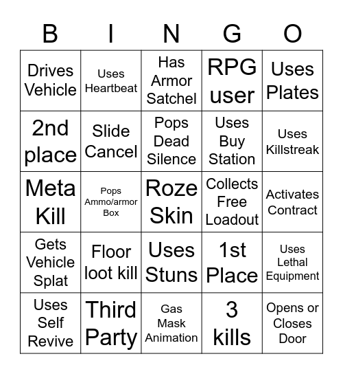 Warzone Bingo Solos Bingo Card