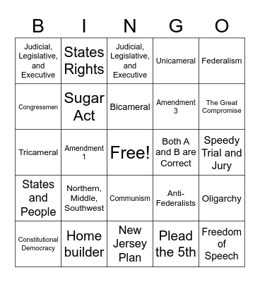 Civics Module 1 Post Assessment Bingo Card