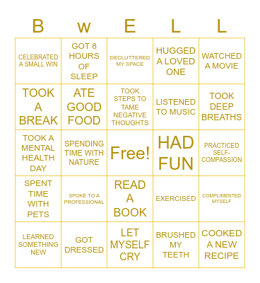 Health and Wellness Bingo Card