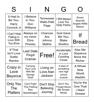 Love Song Singo Bingo Card