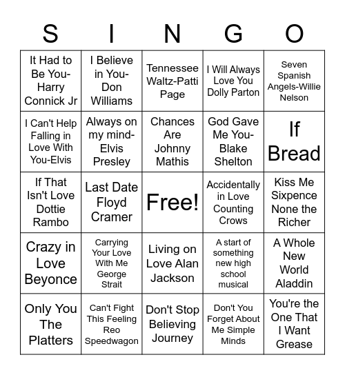 Love Song Singo Bingo Card