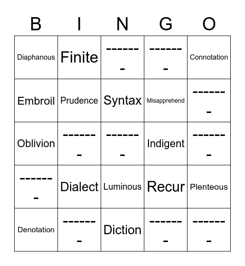 Vocab Week 8 Bingo Card