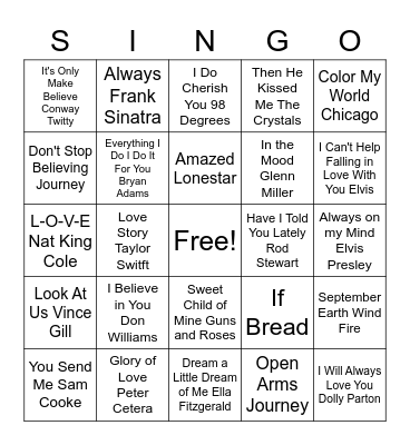 Love Song Singo Bingo Card