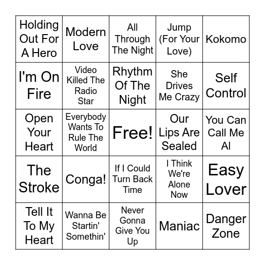 The 1980's Bingo Card