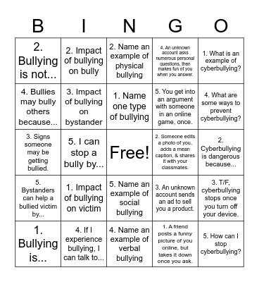 Bullying Education & Prevention Bingo Card