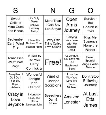 Love Song Singo Bingo Card