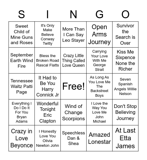 Love Song Singo Bingo Card