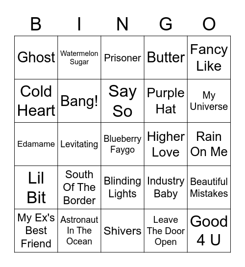 Pop Hits Bingo Card