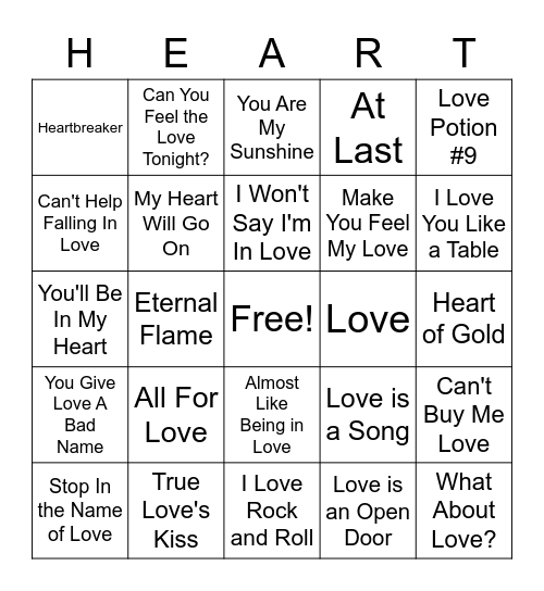 Love Song Music Genre Bingo Card