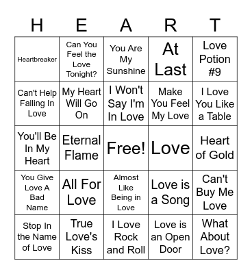Love Song Music Genre Bingo Card