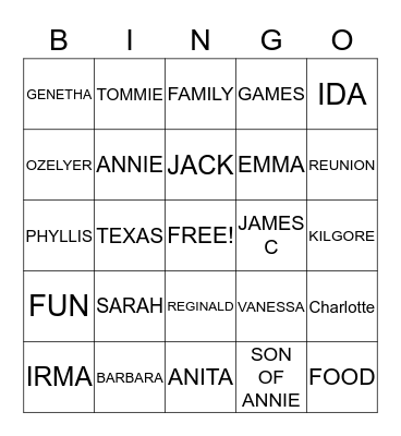 KILGORE FAMILY BINGO Card