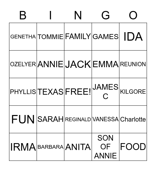 KILGORE FAMILY BINGO Card