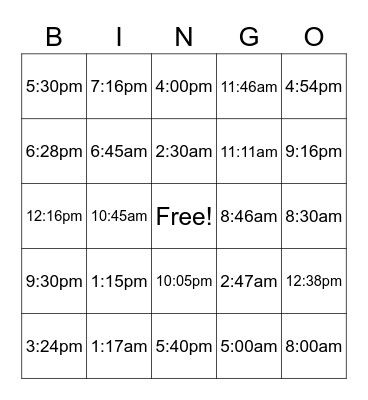 Telling Time Bingo Card