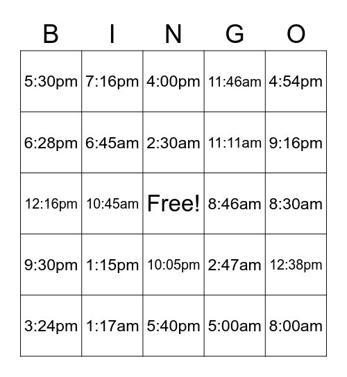 Telling Time Bingo Card