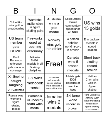 Fluence Winter Olympics Bingo Card