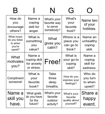 Coping Skills BINGO! Bingo Card