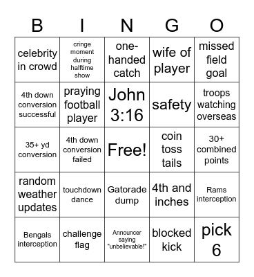 Super Bowl Party Bingo Card
