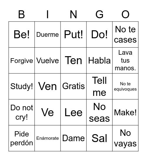 Mandatos de tú Bingo Card