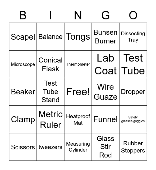 Science Equipment Bingo Card