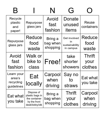sustainability Bingo Card